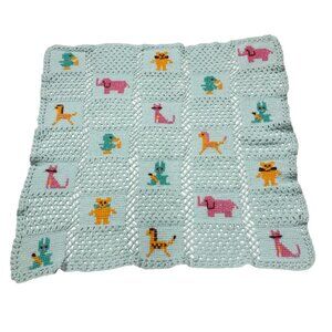 Vintage Handmade Crochet Colorful Baby Blanket Bunny Cat Bear Elephant Duck Pony
